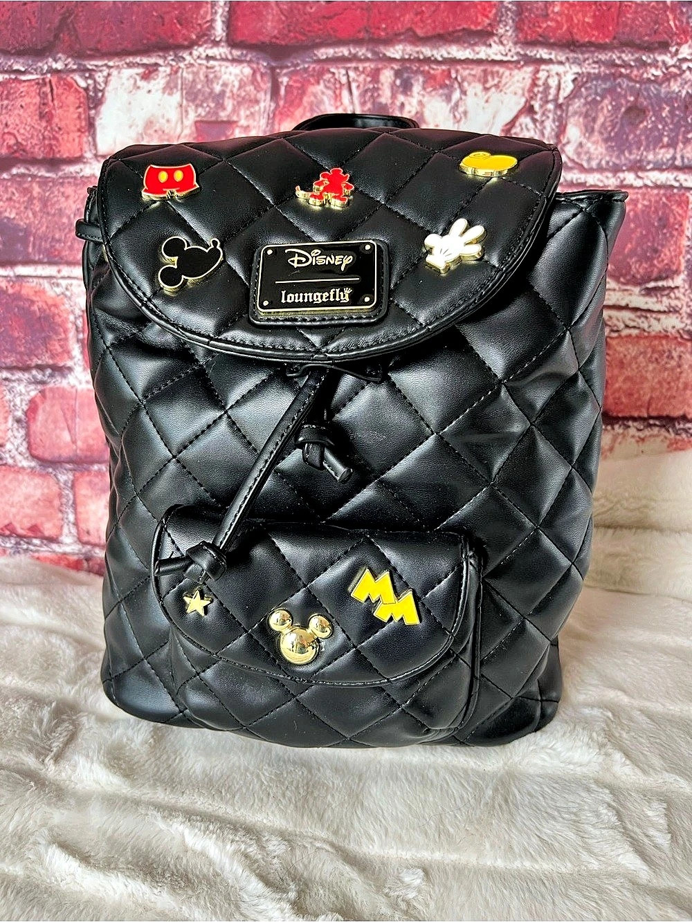 Disney Loungefly Mickey Mouse Icons Quilted Pin Flap Mini Backpack Black